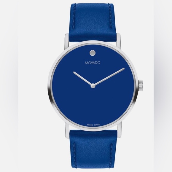 MOVADO SIGNATURE SILVER BLUE dial and LEATHER STRAP STAINLESS CASE MENS Watch